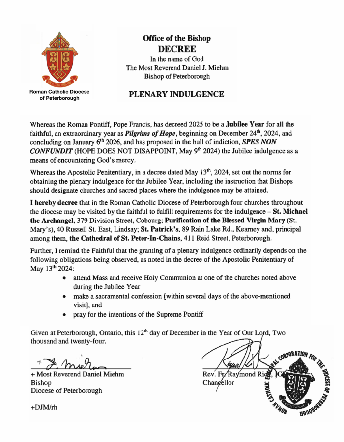 The Plenary Indulgence issued by Bishop Miehm is available