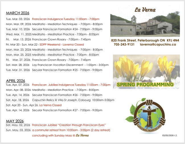 La Verna schedule for March, April, May 2026