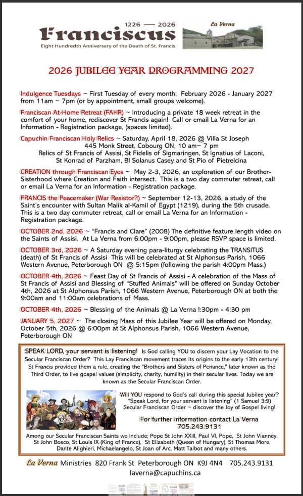 A calendar for 2026 La Verna programming