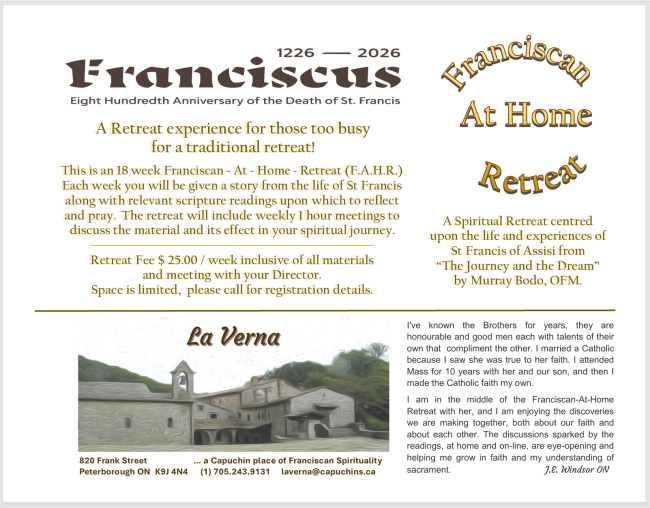La Verna is planning a retreat to celebrate the 800th anniversary of the death of St. Francis of Asissi