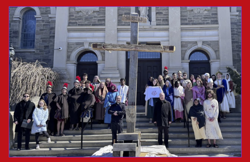 Way of the Cross organizers and actors with Bishop Miehm