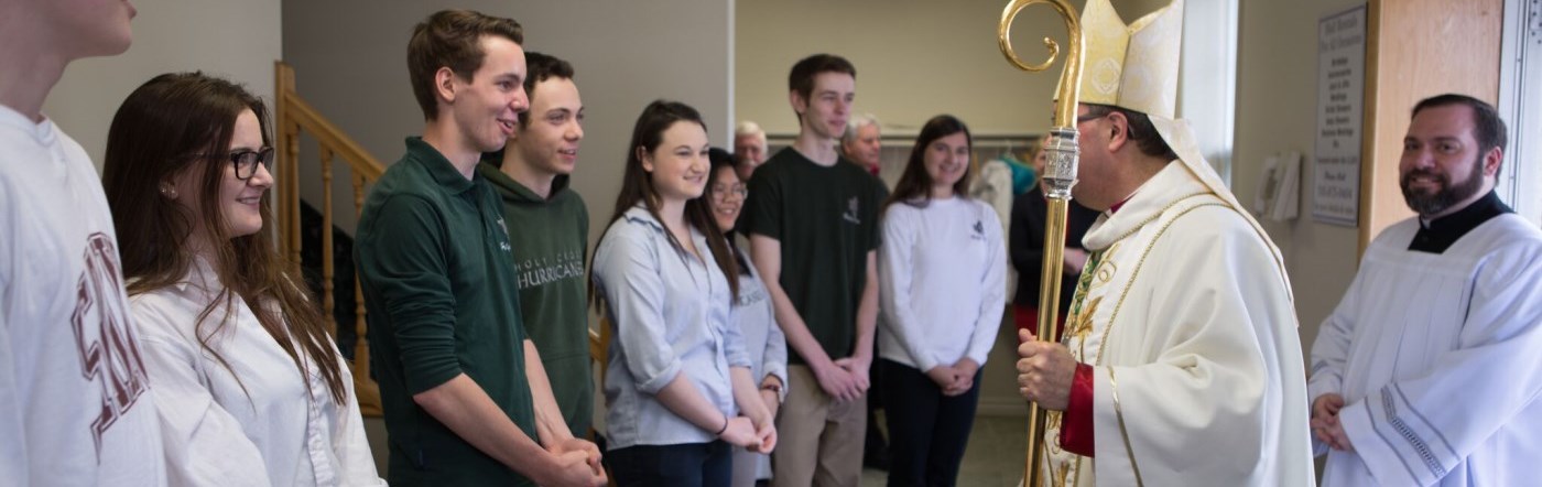 Bishop Miehm greetings students from Holy Cross, St. Peter and Our Lady of the Wayside